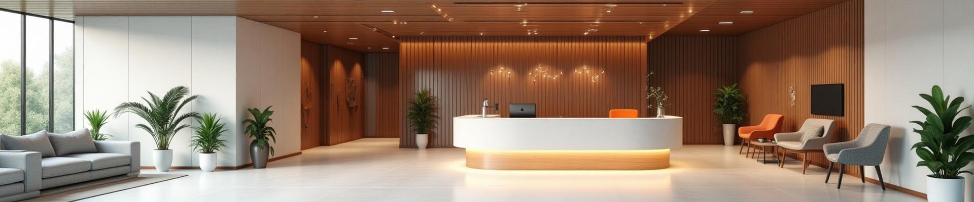 Recepción moderna y bien iluminada de Norte Físico con detalles en madera y plantas.