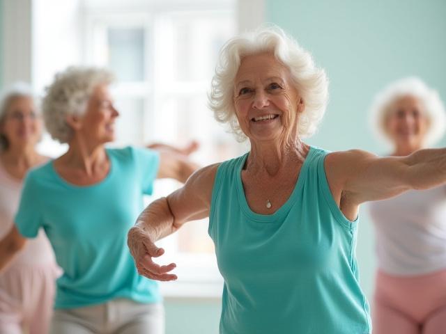 Adultos mayores realizando movimientos de bajo impacto inspirados en la gimnasia, con un ambiente lúdico y de compañerismo.