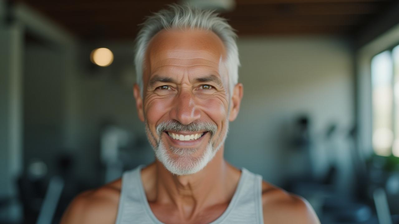 Roberto G. sonriendo, un adulto mayor feliz y activo, con la cita superpuesta: 'Tengo 75 años y gracias a Norte Físico, subo escaleras sin miedo y juego con mis nietos sin cansarme. Me cambiaron la vida.'