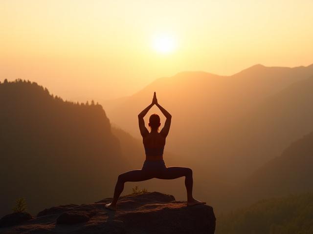 Personas practicando yoga al aire libre en la cima de una montaña al amanecer