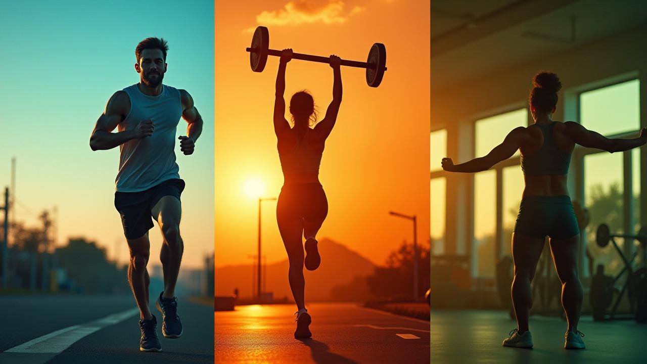 Collage de personas con diferentes metas: corriendo, levantando pesas, y estirando, simbolizando la personalización de Norte Físico.