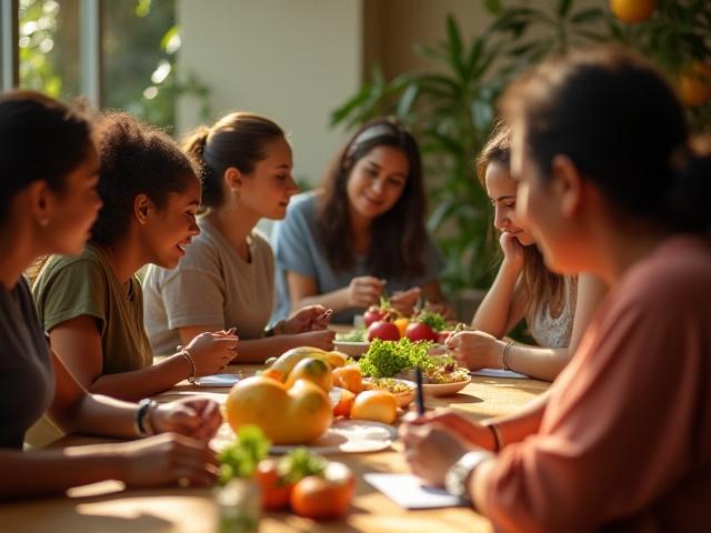 Grupo de personas participando activamente en un taller de nutrición, tomando notas y haciendo preguntas.